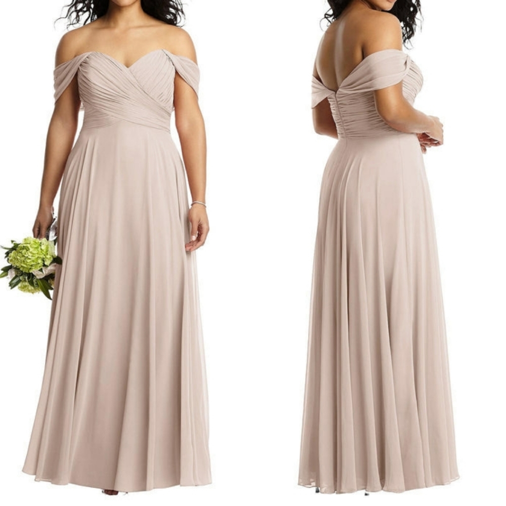Dessy Collection Off-the-Shoulder Draped Chiffon Maxi Dress gown cameo 18W